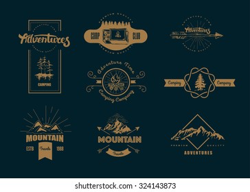 Hand-Drawn logo set. Retro collection of outdoor company, camping, adventure labels. Old style elements, mountain, lettering, ribbon banner