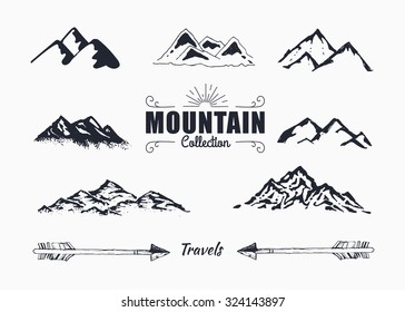 Hand-Drawn logo set. Retro collection of outdoor company, camping, adventure labels. Old style elements, mountain