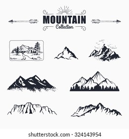 Hand-Drawn logo set. Retro collection of outdoor company, camping, adventure labels. Old style elements, mountain