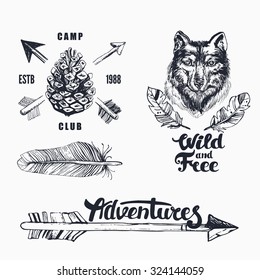 Hand-Drawn logo set. Retro collection of outdoor company, camping, adventure labels. Old style elements, mountain, lettering