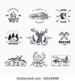 Hand-Drawn logo set. Retro collection of outdoor company, camping, adventure labels. Old style elements, mountain, lettering, ribbon banner