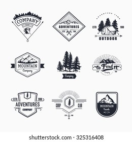 Hand-Drawn logo set. Retro collection of outdoor company, camping, adventure labels. Old style elements, mountain, lettering 