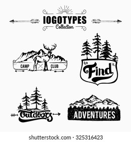 Hand-Drawn logo set. Retro collection of outdoor company, camping, adventure labels. Old style elements, mountain, lettering 