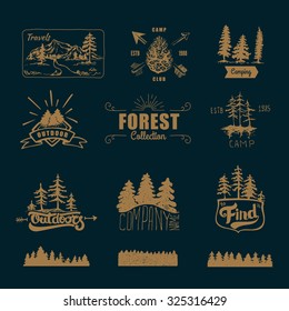 Hand-Drawn logo set. Retro collection of outdoor company, camping, adventure labels. Old style elements, mountain, lettering 