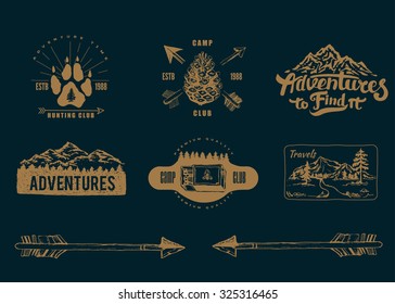 Hand-Drawn logo set. Retro collection of outdoor company, camping, adventure labels. Old style elements, mountain, lettering 