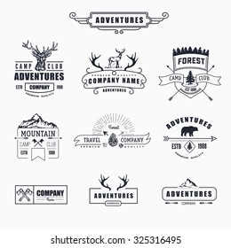Hand-Drawn logo set. Retro collection of outdoor company, camping, adventure labels. Old style elements, mountain, lettering 