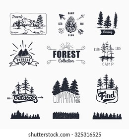 Hand-Drawn logo set. Retro collection of outdoor company, camping, adventure labels. Old style elements, mountain, lettering 