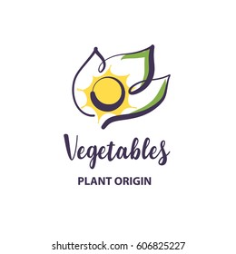 Hand-drawn logo for vegetable market, shop, store. Concept template logotype with abstract leaf and sun isolated on white background. Plant origin. 