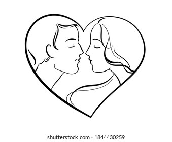 Logo dibujado a mano, pareja joven. Dos personas enamoradas. Marco en forma de corazón. 