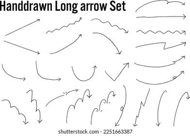 Handdrawn long arrow vector illustration set. Long and thin line.