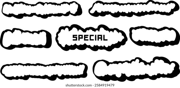 Hand-drawn long-winded fluffy frames. Vector illustration isolated on a transparent background.