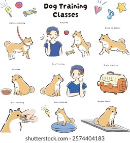 Hand-drawn, loose and cute dog training illustration. A rough and stylish impression. Vector illustration.