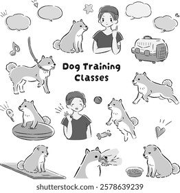 Hand-drawn, loose and cute dog training illustration. A rough and stylish impression. Vector illustration.