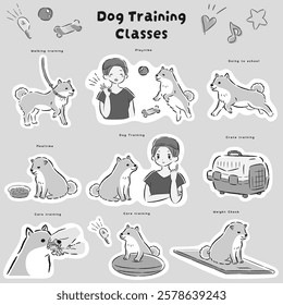 Hand-drawn, loose and cute dog training illustration. A rough and stylish impression. Vector illustration.