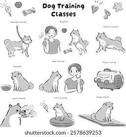 Hand-drawn, loose and cute dog training illustration. A rough and stylish impression. Vector illustration.