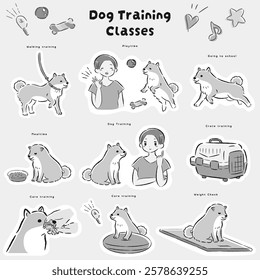 Hand-drawn, loose and cute dog training illustration. A rough and stylish impression. Vector illustration.