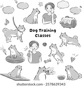 Hand-drawn, loose and cute dog training illustration. A rough and stylish impression. Vector illustration.