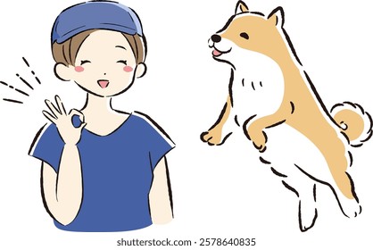 Hand-drawn, loose and cute dog training illustration. A rough and stylish impression. Vector illustration.