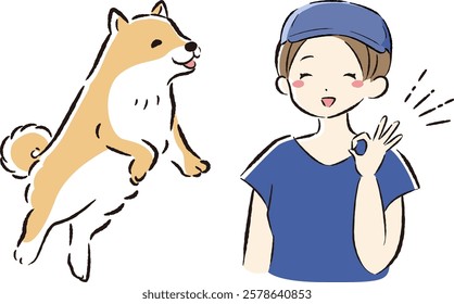 Hand-drawn, loose and cute dog training illustration. A rough and stylish impression. Vector illustration.