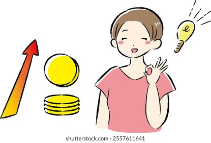 A hand-drawn, loose and cute illustration of a coin (money) and a woman. A rough and stylish impression. Vector illustration.