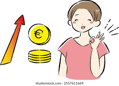 A hand-drawn, loose and cute illustration of a coin (money) and a woman. A rough and stylish impression. Vector illustration.