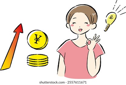 A hand-drawn, loose and cute illustration of a coin (money) and a woman. A rough and stylish impression. Vector illustration.