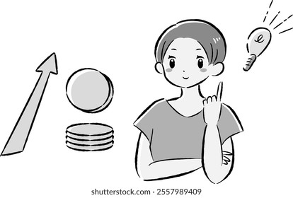 A hand-drawn, loose and cute illustration of a coin (money) and a woman. A rough and stylish impression. Vector illustration.