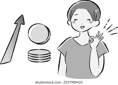 A hand-drawn, loose and cute illustration of a coin (money) and a woman. A rough and stylish impression. Vector illustration.