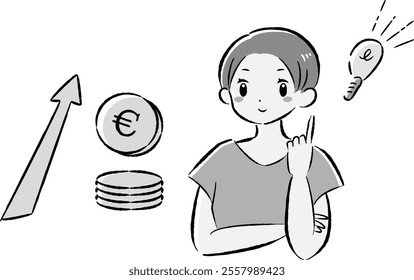 A hand-drawn, loose and cute illustration of a coin (money) and a woman. A rough and stylish impression. Vector illustration.