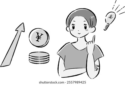 A hand-drawn, loose and cute illustration of a coin (money) and a woman. A rough and stylish impression. Vector illustration.