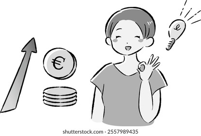 A hand-drawn, loose and cute illustration of a coin (money) and a woman. A rough and stylish impression. Vector illustration.