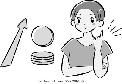 A hand-drawn, loose and cute illustration of a coin (money) and a woman. A rough and stylish impression. Vector illustration.