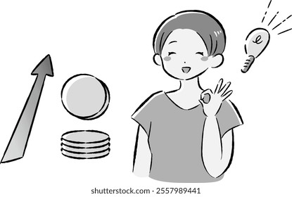 A hand-drawn, loose and cute illustration of a coin (money) and a woman. A rough and stylish impression. Vector illustration.