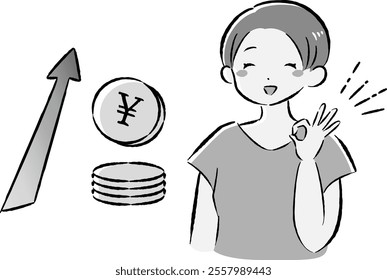 A hand-drawn, loose and cute illustration of a coin (money) and a woman. A rough and stylish impression. Vector illustration.