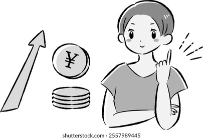 A hand-drawn, loose and cute illustration of a coin (money) and a woman. A rough and stylish impression. Vector illustration.