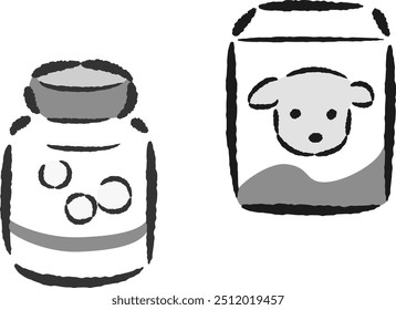 Desenhado à mão, a ilustração solta e fofa de suplementos de cão. Uma impressão áspera e elegante. Ilustração vetorial.