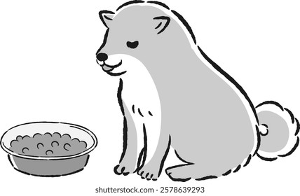 Hand-drawn, loose and cute illustration of a dog eating. A rough and stylish impression. Vector illustration.