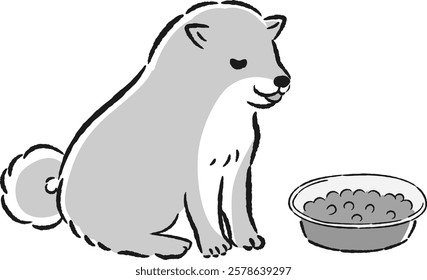 Hand-drawn, loose and cute illustration of a dog eating. A rough and stylish impression. Vector illustration.
