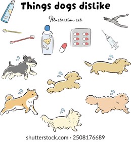Hand-drawn, loose and cute illustrations of dogs and things. A rough and stylish impression. Vector illustration.