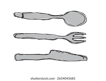 Hand-Drawn Loose Line Art Spoon, Fork, and Knife