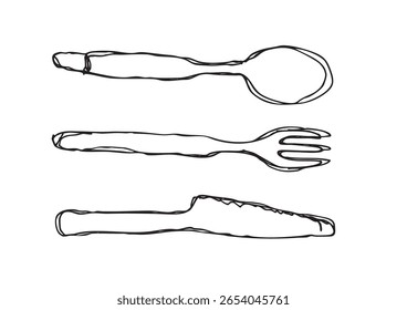 Hand-Drawn Loose Line Art Spoon, Fork, and Knife