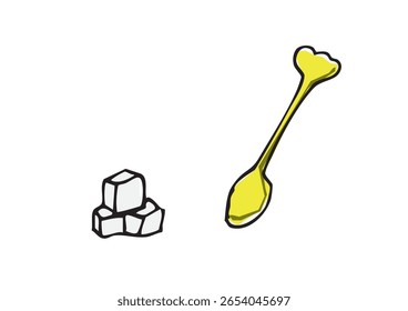 Hand-Drawn Loose Line Art Sugar Cube and Spoon