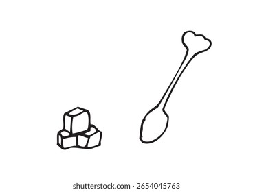 Hand-Drawn Loose Line Art Sugar Cube and Spoon