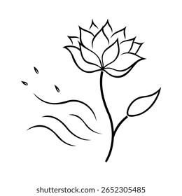 Flor de lótus desenhada à mão com folhas fluindo linhas em planta floral