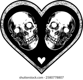 Hand-drawn love card illustration with skull in the center, perfect for gothic-themed designs, tattoos, apparel, posters, playing card art, or dark romantic graphic projects.