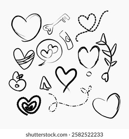 Hand-Drawn Love Doodle Set with Hearts, Arrows, and Decorative Elements, Black Outline, White Background. Perfect for Valentine’s Day and Romantic Designs.