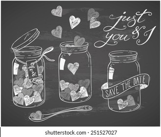 hand-drawn love doodles on chalkboard