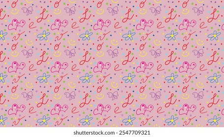 Hand-Drawn Love and Floral Elements on Pink Background. Seamless pattern featuring hand-drawn hearts, flowers, birds, and the word "love" in vibrant colors on a pink background.