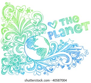 Hand-Drawn Love the Planet Sketchy Earth Doodles Vector Illustration with Stars and Hearts