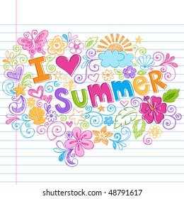 Hand-Drawn I Love Summer Tropical Lettering Sketchy Notebook Doodles Vector Illustration on Lined Sketchbook Paper Background